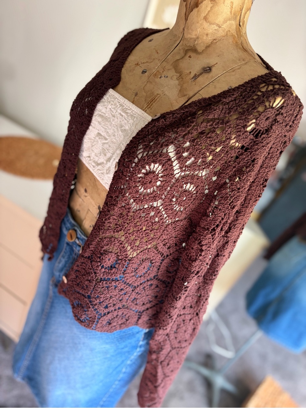 Rebellion Cropped Crochet Open Knit Cardigan - Picture 3 of 10
